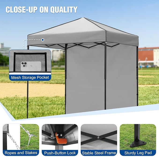 6x4 Pop Up Canopy Tent with One Wall Panel, Instant Portable Beach Canopy, Outdoor Tent with Carry Bag for Camping, Sports, Tailgating, Events, Gray
