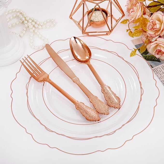WDF 100pcs Rose Gold Plates Plastic Disposable - Baroque Clear and Rose Gold Plates for Mother's Day, Parties or Weddings including 50PCS Dinner Plates 10.25’’ and 50PCS Salad Plates 7.5’’