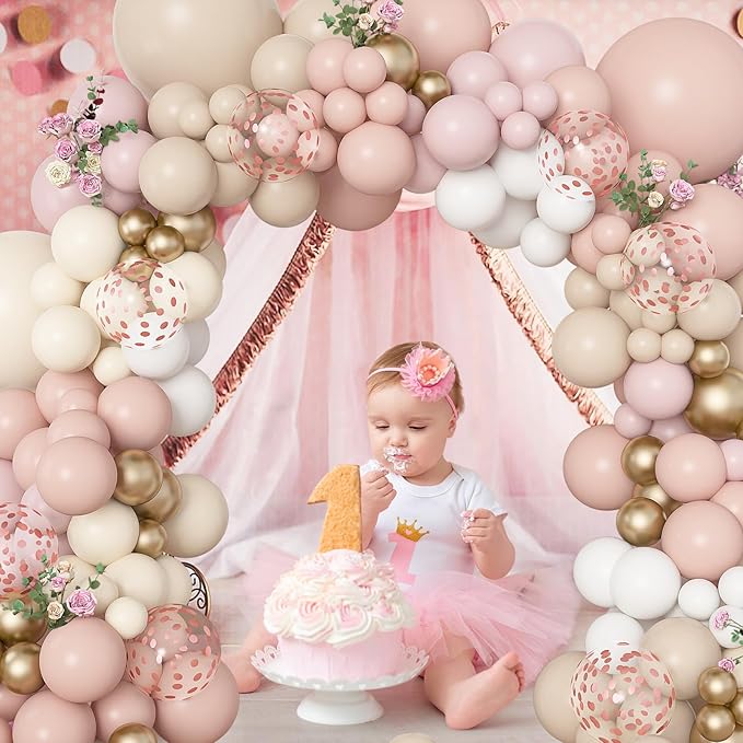 Amandir 173Pcs Boho Dusty Pink Balloon Arch Garland Kit, Neutral Baby Pink Ivory White Sand Nude Rose Gold Confetti Balloons for Monther Day Shower Gender Reveal Wedding Birthday Party Decorations
