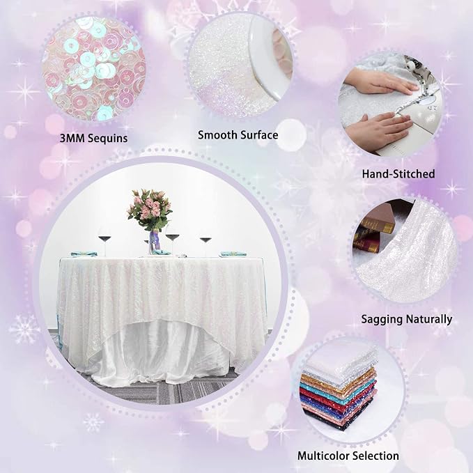 Sequin Tablecloth for Parties 132 Inch - Sparkle Glitter Cloth Round Table Cover Overlay for Wedding Baby Shower Ceremony Birthday Cake Table Holiday Banquet Decoration(Iridescent)