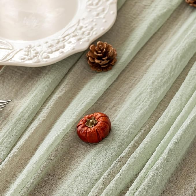 Keketoarrange Sage Green Spring Table Runner Cheesecloth 120 Inch 10 FT Rustic Boho Cheese Cloth Runner for Wedding Baby Shower Bridal Shower Sheer Gauze Centerpiece Spring Summer Home Decorations
