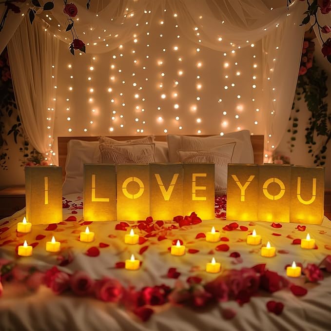Homemory I Love You Light Up Letters Proposal Decorations with Flameless Candles and 2000 Fake Rose Petals, Valentine's Day Luminary Bags Romantic Decorations Special Night for Wedding Anniversary