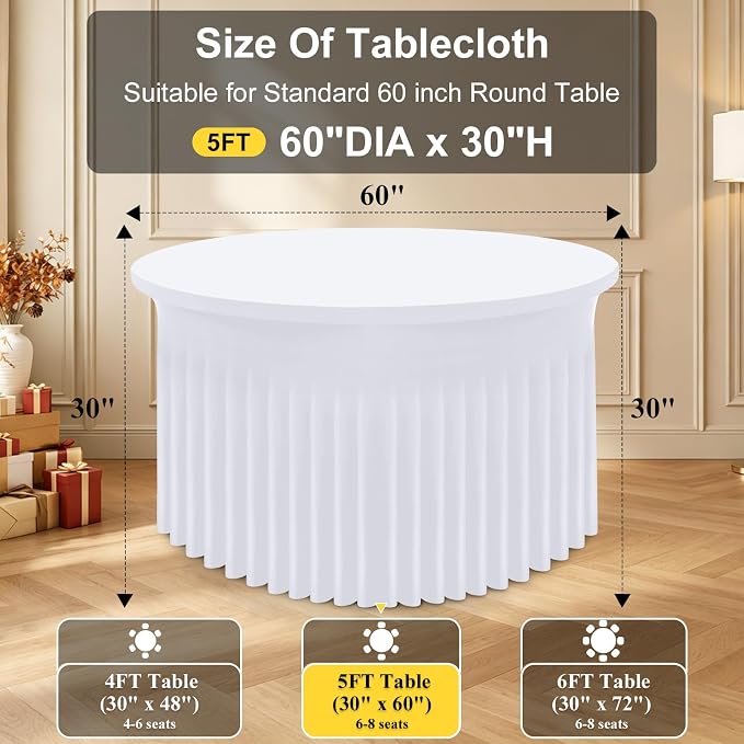 Smiry Round Spandex Tablecloth 2 Pack, Elastic Fitted Washable Tablecloths for 60 Round Tables, Waterpoof Stretch Table Cover Skirt for Outdoor, Wedding, Banquet & Parties, White