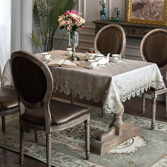 ARTABLE Lace Table Cloth Rectangle Fall Antique Flower Decor Macrame Tablecloth for Outdoor Farmhouse Rustic Kitchen Party Birthday Picnic (Stone Gray, 60 x 140 Inch)