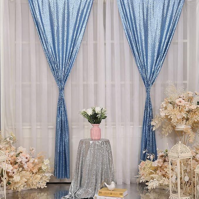 Poise3EHome Baby Blue Sequin Backdrop Curtain, 2 Panels 2Ft x 8Ft Glitter Photography Background for Party Baby Shower Wedding Birthday Christmas Thanksgiving Halloween Decoration