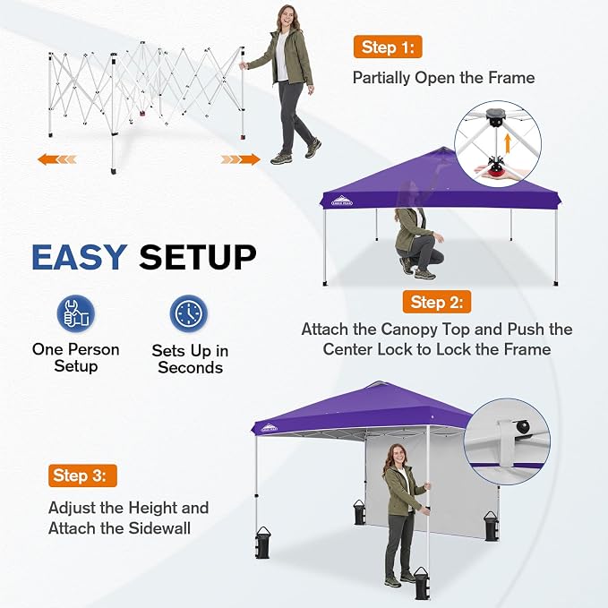 EAGLE PEAK Commercial Canopy 10x10 Pop Up Canopy Tent with 1 Sidewall, Easy Setup Heavy Duty Instant Event Shelter for Vendors & Markets, Outdoor Sun Shade, Purple