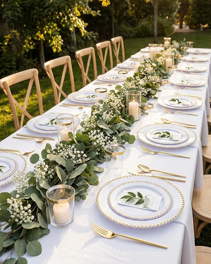 supernal 180Pcs White and Gold Dinnerware Set,Premium Heavy Duty White Plastic Plates with Gold Beads,White Disposable Plates with Plastic Silverware and 10oz Cups for Wedding/Party/Valentine's Day