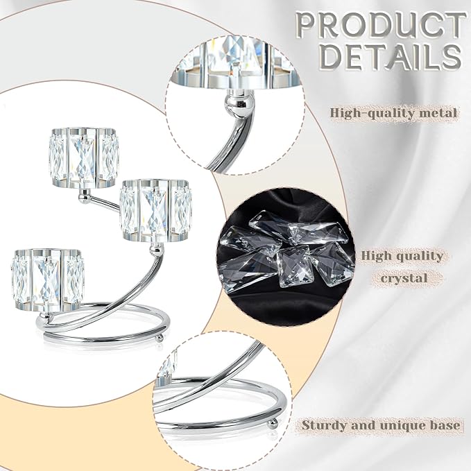 Metal 3 Arm Crystal Candle Holder - Tea Light Centerpiece Candle Holder, Votive Holder with Sparkling Crystal Bowl, Suitable for Wedding, Table Centerpiece, Home Decor (2, 3 arm-Silver)