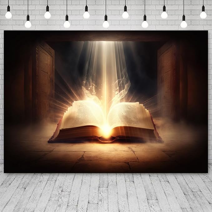 15x10ft Bible Backdrop Holy Glowing Opened Book Photography Background Jesus Christ Christian Religious Belief Church Sanctuary Baby Shower Banner Decorations Easter Portrait Photo Booth Prop