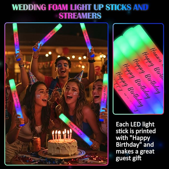 JellyArch 50 Pack Wedding Glow Sticks for Reception LED Foam Light up Sticks Light Stick Bulk with 3 Modes Colorful Flashing for Wedding Send Off Party Favors, Dance Floor, Birthday