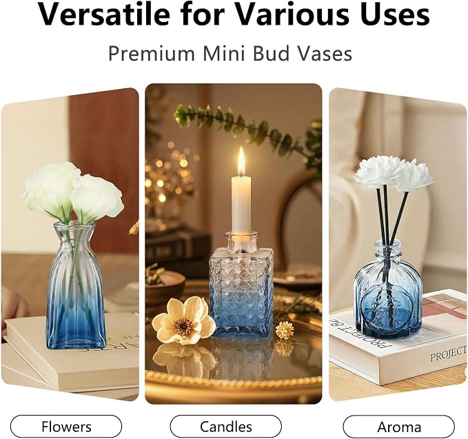 RUCKAE Glass Bud Vases Mini Flower Vase Small Vintage Vases for Centerpiece Table Wedding Decorations Home Decor Party(Gradient Blue 22 Pack)