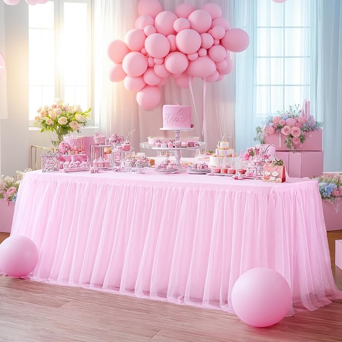 Pink Tulle Tablecloth for 8 Foot Rectangle Table, Light Pink Tulle Tables Skirt Cover 8ft Banquet Wedding Table Cloths Baby Shower Tutu Ruffle Tables Skirt Cloth for Party Bridal Shower