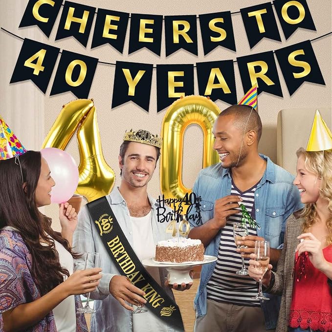 40th Birthday Gifts for Men, 40th Birthday Decorations for Men, Party Decor Supplies including King Crown & Sash & Banner & Balloons & Cake Topper & Candles