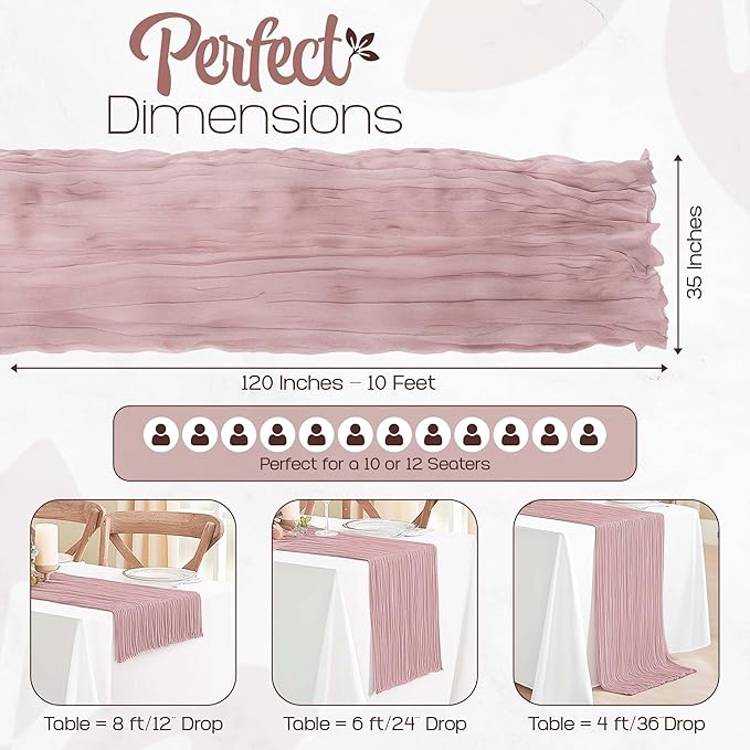 12 Pack Dusty Pink Cheesecloth Table Runners 10FT Long – 35 x 120 Inch Boho Gauze Table Runners for Engagement, Wedding, Baby Shower & Home Decor – Soft Wrinkled Polyester Fabric