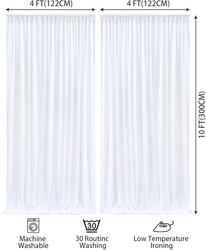 White Backdrop Curtains for Wedding, Wrinkle Free Polyester Photography Backdrop Drapes 8x10FT Photo Backdrop for Baby Shower Birthday Parties Stage Photoshoot Background Decorations 4x10ft,2 Panels