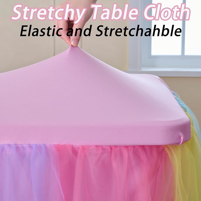 2 pk 6ft Rainbow Tulle Tablecloth for Rectangle Tables, 2-in-1 Pastel Color Table Covers with Tulle Skirt,Wrinkle Free Stretchy Ruffle Tulle Table Cloths Fitted for Wedding Party Banquet Vendor