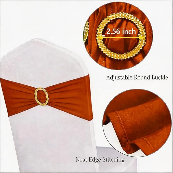 Pack of 50 Spandex Terracotta Chair Sashes with Gold Buckles, Stretch Chairs Sashes for Wedding Party Baby Shower Ceremony Event Decorations Chair Bands Bows (Terracotta Sashes, Gold Buckles)