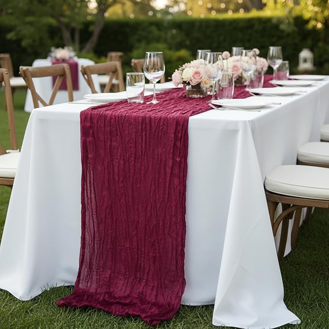 8 Pack Burgundy Red Cheesecloth Table Runner 120 Inch 10FT Gauze Cheese Cloth for Banquet, Valentine's Day, Independence Day, Retro Decoration