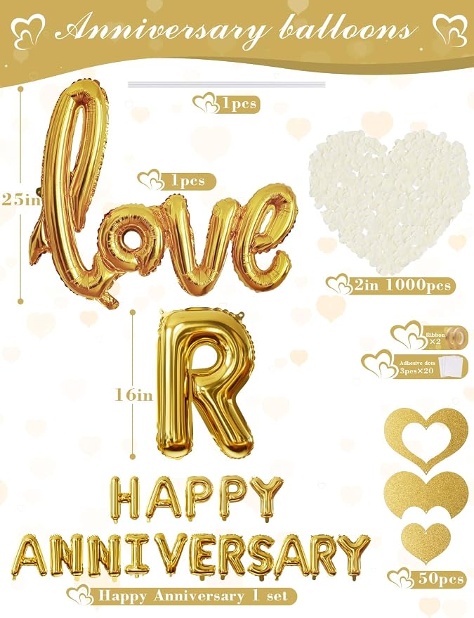 Happy Anniversary Decorations, Gold and White Romantic Balloons Set with Love & Heart Foil Balloons, Happy Anniversary Balloons Banner and Silk Rose Petals for Valentine’s Day & Sweetest Day