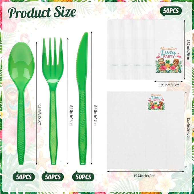 LemonRoad 50 Sets Hawaiian Luau Party Plastic Silverware Serves 50 Green Disposable Prefolded Summer Cutlery Includes Forks Knives Spoons Paper Napkin Luau Party Tableware for Tropical Beach Birthday