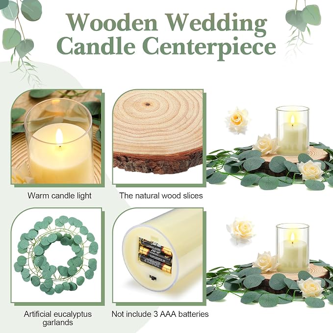 VIHOSE 60 Pcs Wooden Wedding Candle Centerpiece Includes 6.3"-7.1" Round Wood Slices, Eucalyptus Garlands, Flameless LED Candles and Artificial Roses for Wedding Country Farmhouse Table Decor, 12 Sets
