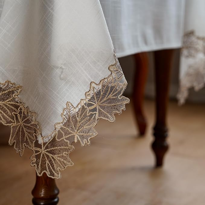 ARTABLE Lace Tablecloth Linen Fabric White Rectangle Table Cloth Fall Christmas Washable Table Cover for Kitchen Home Picnic Indoor Outdoor Camping Dining Decor (Offwhite, 60 x 84 Inch)