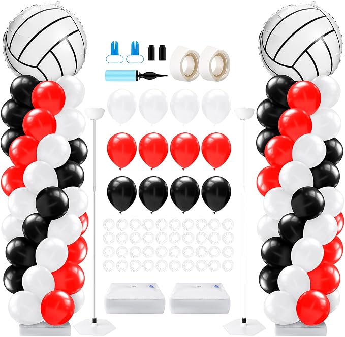 Kasyat 2 Sets Volleyball Balloon Column Stand Kit Red Black White Volleyball Sports Balloons Adjustable Balloon Arch Stands for Senior Night Decorations Birthday Supplies
