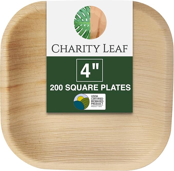 Charity Leaf Disposable Palm Leaf 4" Mini Appetizer Square Plates (200 pieces) Bamboo Like Serving Platters, Disposable Boards, Eco-Friendly Dinnerware For Weddings, Catering, Events