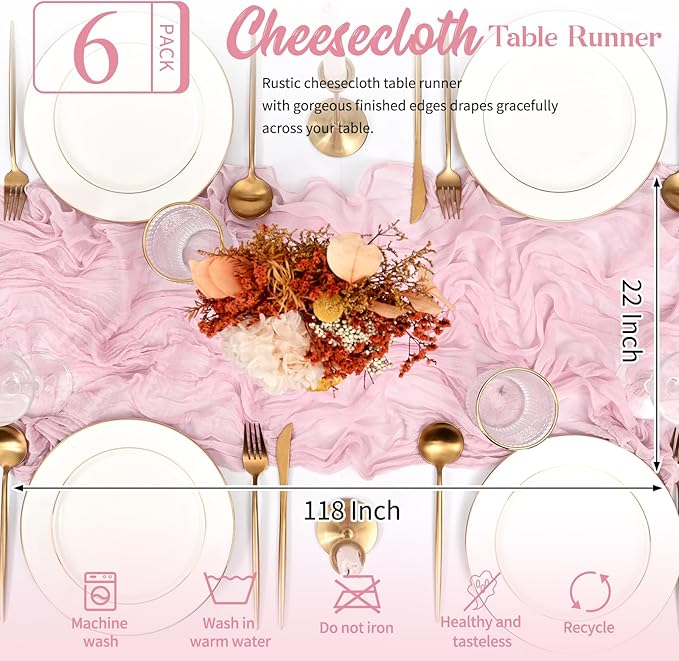 6 Pack Pink Table Runner 10FT Long Cheesecloth Table Runner Cheese Cloth Gauze for Wedding Party Birthday Decoration-Pink