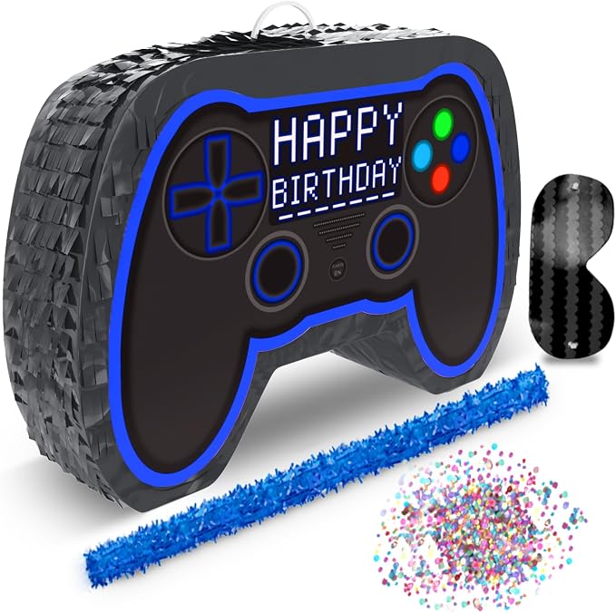 Jergrim Blue Video Game Controller Piñata (Small Stick Included) 17”x11”x 3” Perfect for Birthday Gamer Parties, Party Decor, Gaming theme parties and other Decorations