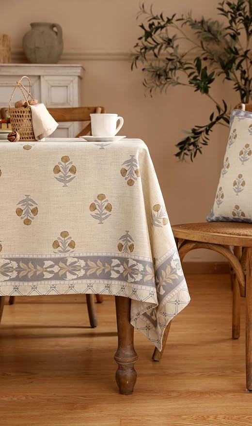patdrea Vintage French Linen Tablecloth,Rectangular,79"x55"-Istana A | Heavyweight Elegant Table Cloth for Rectangle Table,Natural Floral Block Print,for Dining Room Tea Party Thanksgiving