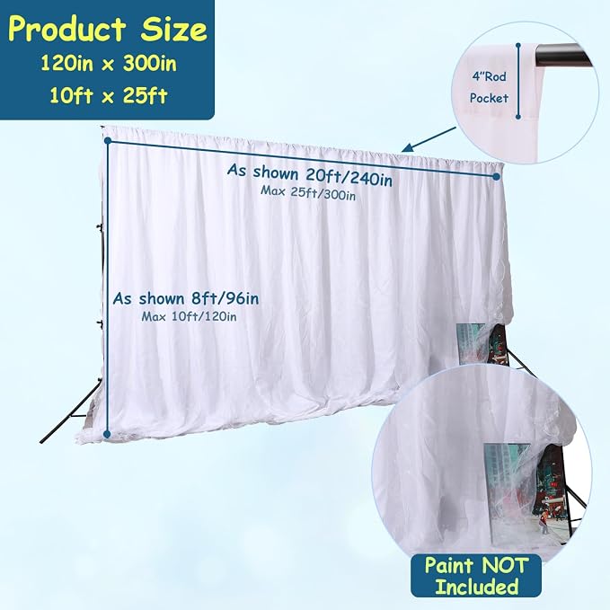 Extra Wide Two Layers One Piece Trade Show Booth Backdrop, White, 25x10ft | Chiffon Tulle & Polyester, Extra Wide Blackout Curtains, Theatrical Backdrops