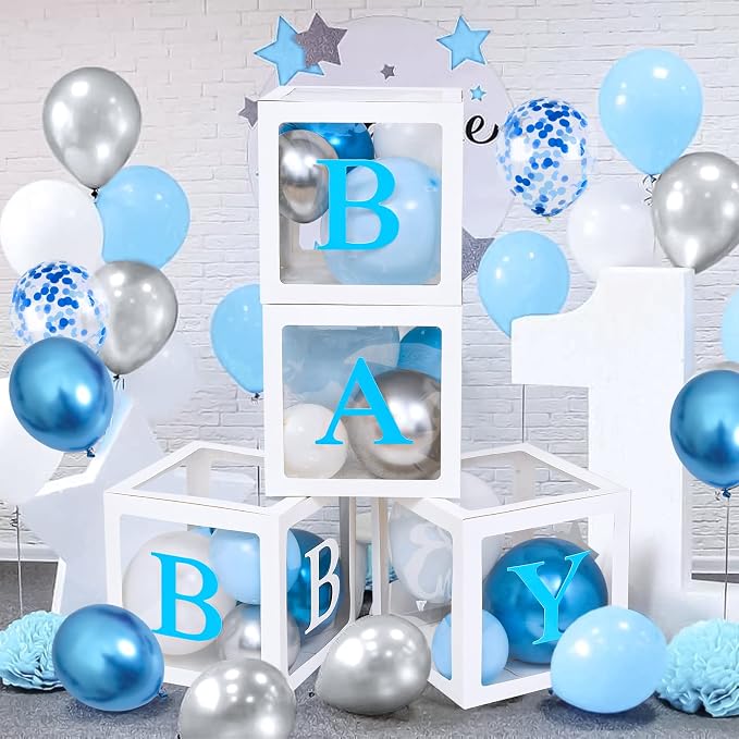 Golray 155pcs Elephant Baby Shower Decorations for Boy, Boxes with Letters/ Blue Balloon Garland Kit/ Backdrop/ Tablecloth/ Star, Elephant Kid Birthday Party Supplies Baby Boy Shower Decor
