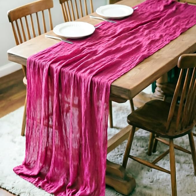 LINXTAR Fuschia Cheesecloth Table Runner 120 Inches 10Ft Gauze Summer Boho Table Runner for Wedding Tea Party Baby Shower Bridal Birthday Home Decoration
