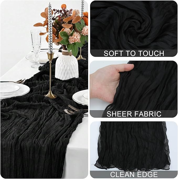 Black Cheesecloth Table Runner 21x120 Inch Gauze Table Runners Reusable Polyester 10ft Boho Rustic Cheese Cloth Table Runner for Wedding Party Baby Shower Birthday