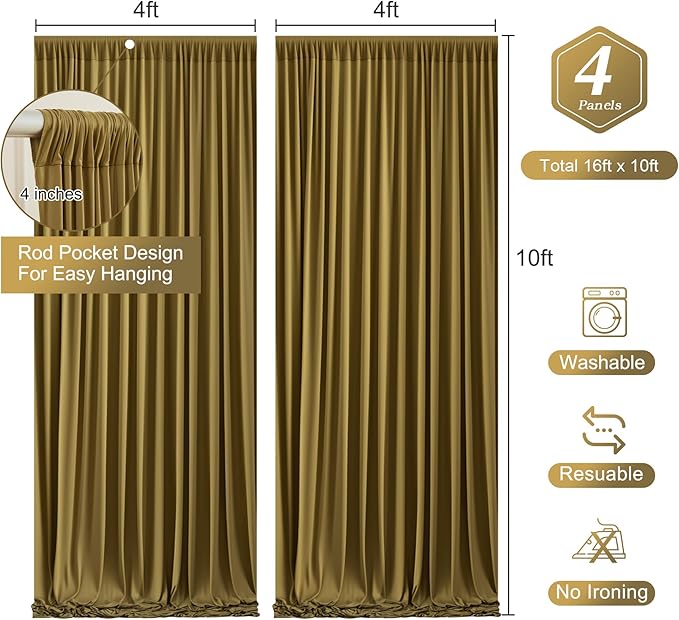 Gold Brown Backdrop Curtains-Wrinkle-Free Polyester Photography Drapes Party Curtain Background for Baby Shower Wedding Decorations- 16 X10FT