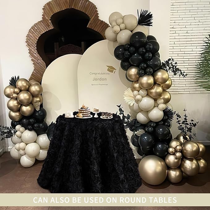 Fanqisi Black 3D Floral Satin Raised Rosettes Tablecloth Rectangular 50x102 Inches Rosette Tablecloth for Wedding Baby Shower Table Bridal Shower Meeting Events Decoration