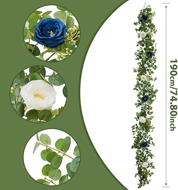 PARTY JOY 2pcs 6.56ft Eucalyptus Garland with Flowers-8 Blue White Roses, Artificial Fake Flowers Greenery Garland Floral Vines for Decoration Party Wedding Table Indoor Outdoor Backdrop Wall Decor