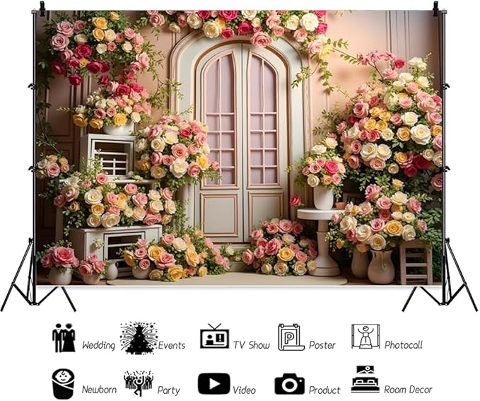 ChloropLastid 10x8ft Wedding Floral Backdrop Pink White Blooming Flowers Photography Background Retro Door Wedding Engagement Bridal Shower Birthday Party Supplies Portrait Photo Booth Props