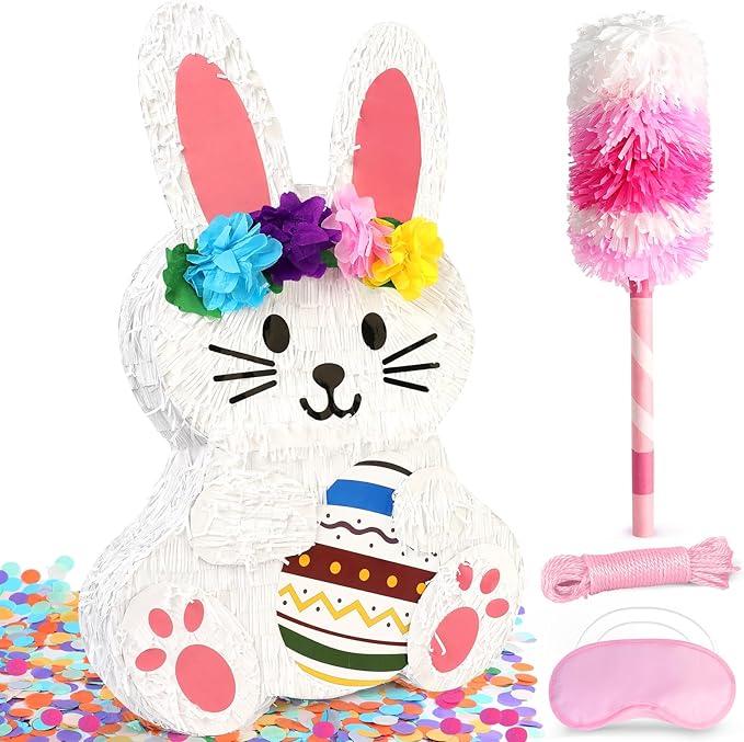 25" Large Bunny Pinata for Kids Birthday Party - Cute White Rabbit Party Supplies with Matching Stick, Blindfold & Confetti - Sturdy Spring Theme Decor for Easter & Baby Shower