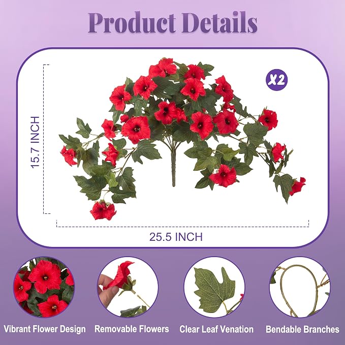 Ammyoo 2PCS Artificial Petunias Flowers Fake Plants for Outdoor Decoration | UV Resistant Faux Silk Flower No Fade for Outside Home Garden Balcony Yard Porch Window Box Realistic Indoor Decor(Red)