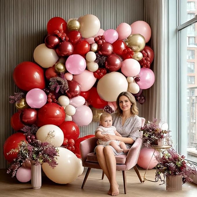 Red Pink Balloon Garland Double Stuffed Burgundy Pink Gold Pearl Balloons Rose Red Blush Nude Balloon Arch for Mother's Day Birthday Bridal Shower Wedding Engagement Party Decorations