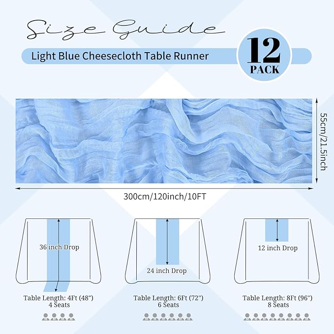 12 Pack Light Blue Cheesecloth Table Runner 120 inch Fall Thanksgiving Boho Rustic Gauze Farmhouse 10FT Cheese Cloth Runner for Baby Shower Wedding Party Holiday Home Decor