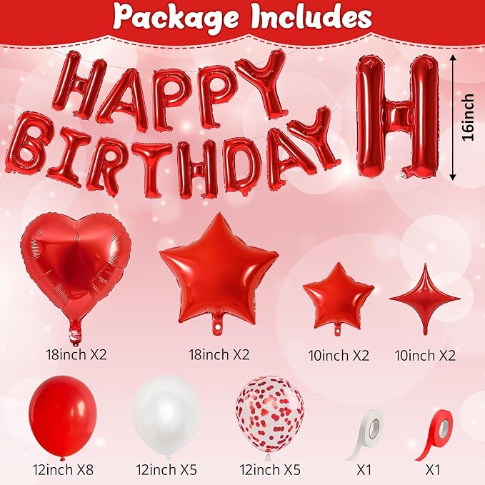 Red White Birthday Decorations for Women Girls Dark Red Metallic Pearl Whte Confetti Party Balloon Happy Birthday Banner Heart Foil Balloons 18/10 Inch Star Balloons for Bday Party Supplies
