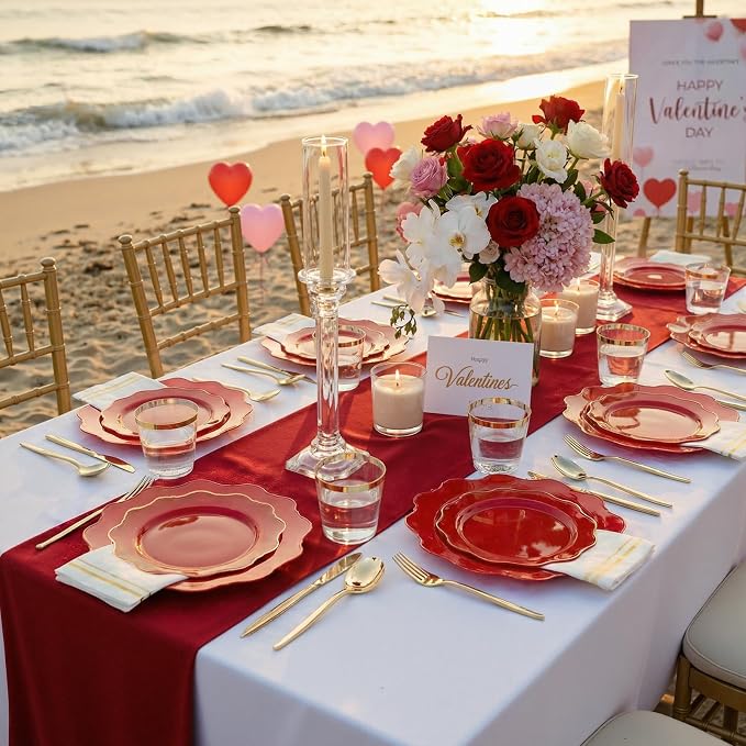 WDF 175Pcs Red Plates - Red Plastic Plates with Gold Rim - Fancy Disposable Dinnerware Sets Ideal for Party/Wedding/Spring/4th of July/Memorial Day