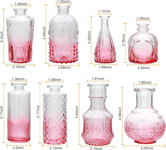 Pink Small Flower Vase Set, Glass Bud Vase in Bulk Set of 8,Artistic and Cultural Flavor Mini Vases for Home Office Decor, Bedroom, Office, Living Room Decorations,Wedding