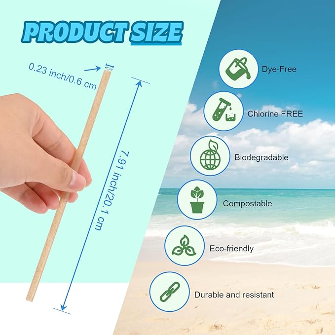 Sugarcane Straws, 100PC Biodegradable Drink Straw 7.8'' Disposable Compostable Straws for Hot Cold Drinks, Beverages, Coffee, Cocktail, Juice Home Favor, The Beach Party, Party Decoration and Supplies