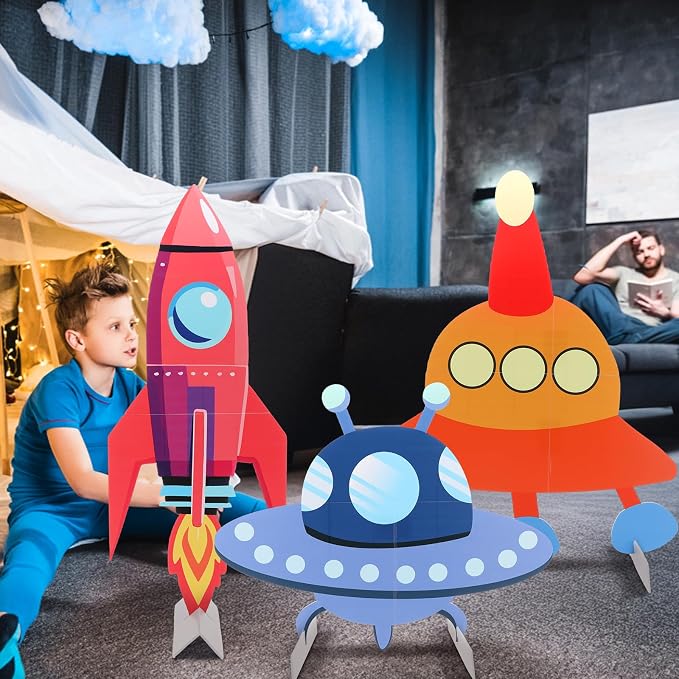 Leinuosen 3 Pcs Large Space Party Stand Decorations for Back to School Classroom Set Spacecraft Rocket Baby Shower Decorations Outer Space UFO Theme Birthday Camping Party Supplies Decor for Birthday