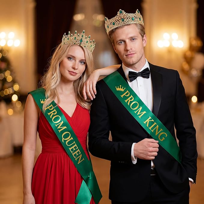 Retrowavy 4 Pcs Prom King and Queen Crown Set with Sashes Prom King Queen Sash and Tiara Set for 2026 Grad Birthday Carnival Wedding Costume Accessories(Dark Green)
