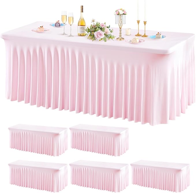 Wish Care 6 Pack Pink Spandex Table Clothes for 4 Foot Rectangle Tables, 4FT Wrinkle Free Fitted Tablecloths Ruffles Design Table Cover for Party, Banquet, Wedding and Events